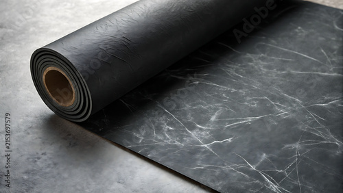 A rolled sheet of dark textured material with marblelike white veining patterns on a grey surface