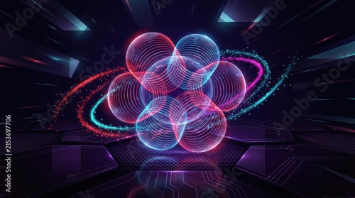 Abstract glowing spheres with red and blue light trails in futuristic digital space
