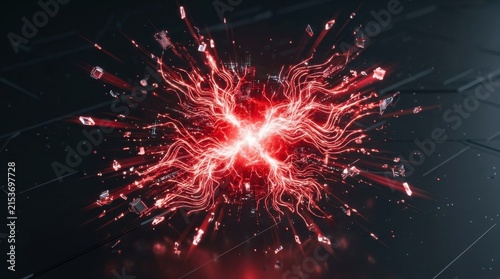Explosive red energy burst with flying fragments and digital circuit elements