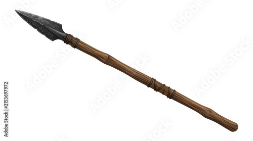 Ancient wooden spear with a sharp metal arrowhead and bound shaft