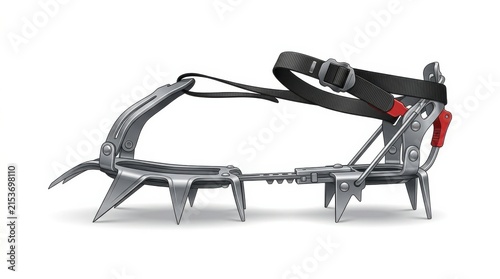 Modern metal climbing crampons with adjustable straps for icy terrain