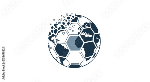 A stylized soccer ball graphic featuring a world map design element