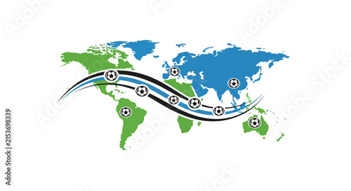 A stylized world map features soccer balls on a flowing path