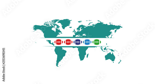 A stylized world map featuring colorful sports balls in a row