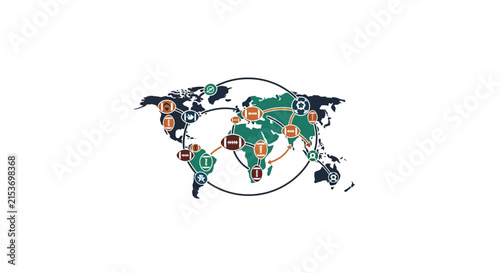 A stylized world map featuring various sports ball icons connected together