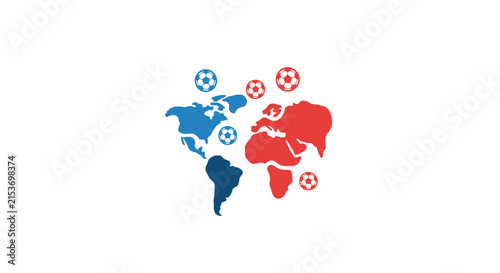 A stylized world map illustration featuring several small sports balls