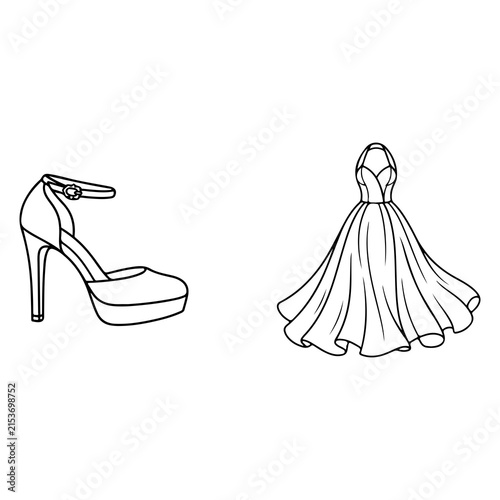 Women's Fashion and Footwear Line Art Icon Set: Outline Vector Symbols of Ankle Strap High Heel Shoe and Flowing Evening Party Gown
