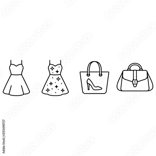 Women's Fashion, Dresses, and Handbags Line Art Icon Set: Outline Vector Symbols of Plain Dress, Sparkling Party Dress, Shopper Bag with High Heel Print, and Elegant Leather Handbag
