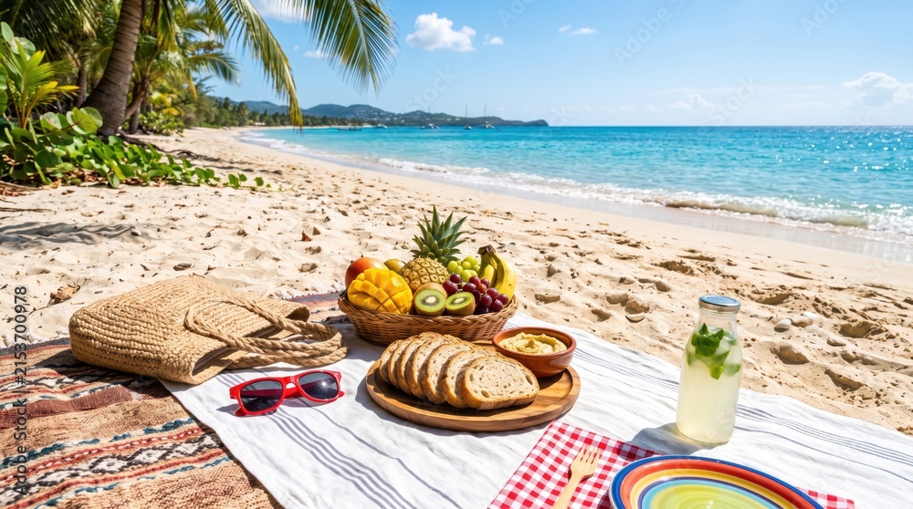 Obraz premium Tropical beach picnic with fruit basket, crackers and lemonade on blanket under palm trees by turquoise ocean on sunny summer day