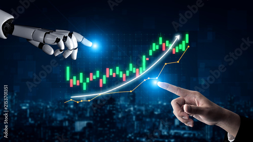 Hands of Human and Robot Interact Over Digital Stock Market Graph with Rising Trendline in Modern Technology Concept Impute.