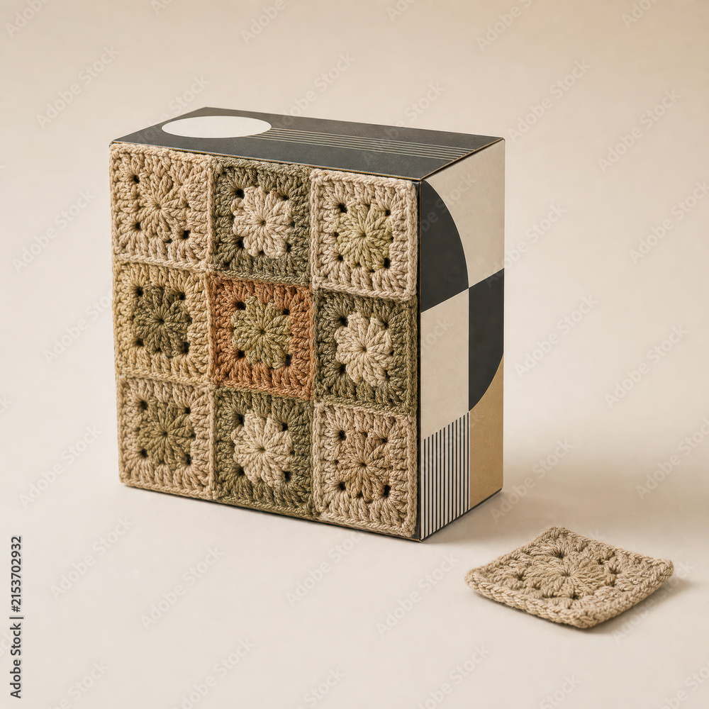 Obraz premium Handmade crochet squares displayed on a decorative box.