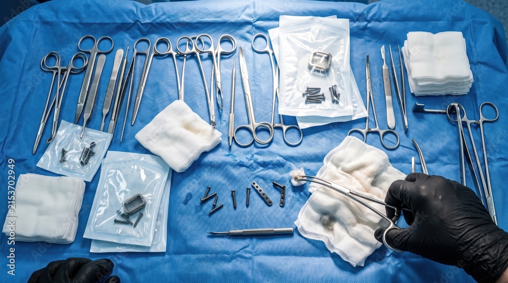 Fototapeta premium Surgical instrument layout on sterile blue drape with gloved hands organizing clamps scissors implants and gauze for operating room procedure setup