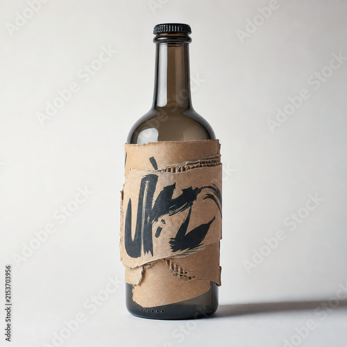 Artistic bottle with abstract label design against neutral background.