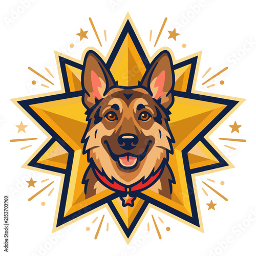 Canvas Print A vibrant, stylized German Shepherd dog illustration within a starburst