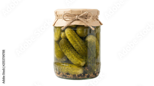 A glass jar filled with pickled cucumbers, herbs, and spices, topped with a rustic brown paper lid and tied with twine, isolated on transparent background