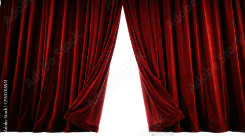 Red velvet stage curtains opening isolated on transparent background