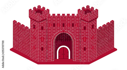 Isometric red brick castle gatehouse with towers, medieval fortification icon for historical and architectural design