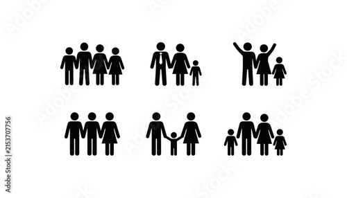 Family icon set with parents children group silhouettes and community stick figure vector symbols