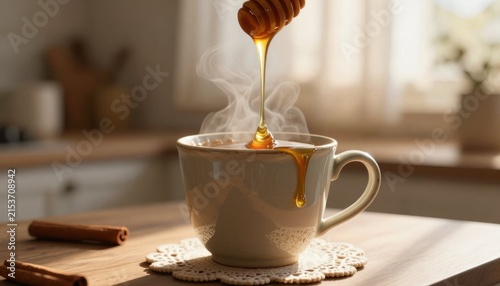 A warm and inviting kitchen setting with honey syrup flowing into a cup creating a sense of comfort and homeliness