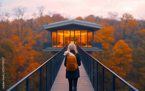 A woman with her dog walks across a bridge towards a glowing autumnal house