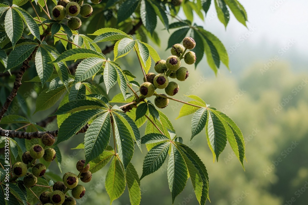 Naklejka premium Close up of green leaves, round fruits on Ohio buckeye tree branch. Aesculus glabra plant grows in Colorado forest during summer. Fresh botanical foliage with wild nut clusters in natural woodland