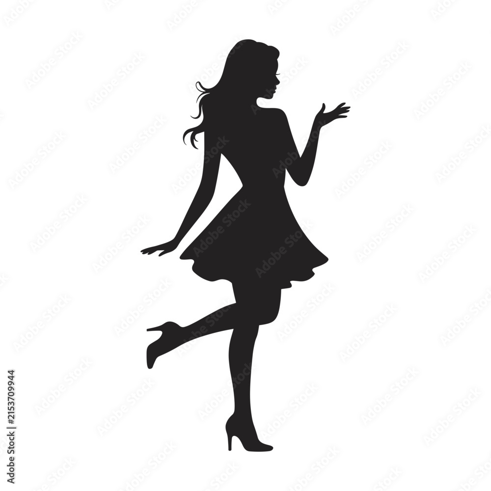 Fototapeta premium Black silhouette of a woman standing in a dress with one leg lifted and hand gesturing, isolated on a white background