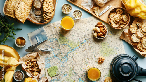 A flat lay showcasing a travel picnic spread with crackers, juice, fruit, nuts, and a map, perfect for a road trip adventure