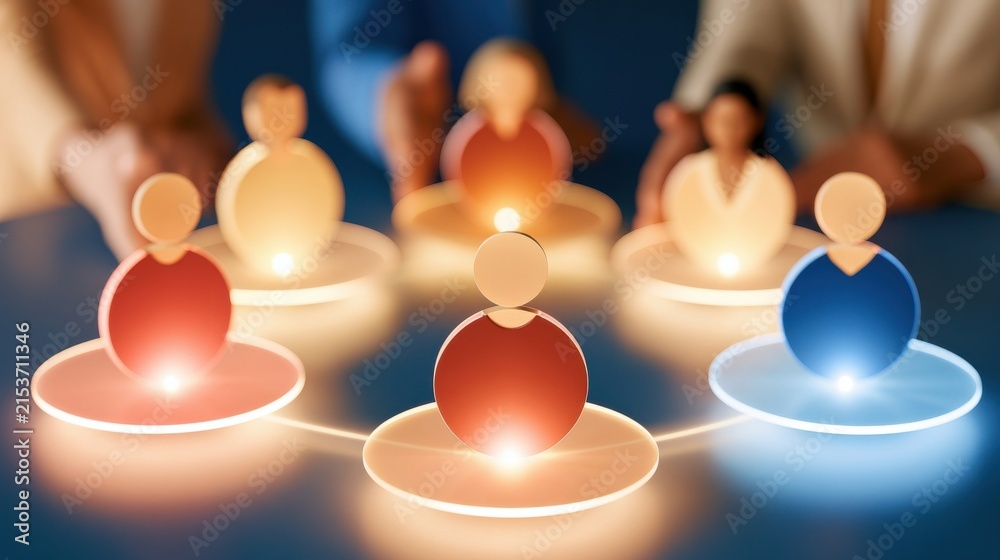 Obraz premium Glowing human icons in circle connected by light, diverse team concept