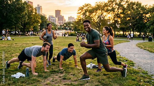 Young man exercising outdoors with friends in a city park, diverse group doing social fitness together, smiling and motivating each other, healthy lifestyle, authentic candid moment