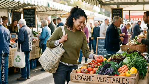 Woman shopping for fresh vegetables at a local farmers market, carrying a reusable bag while choosing colorful produce, authentic everyday life, local community atmosphere, natural daylight