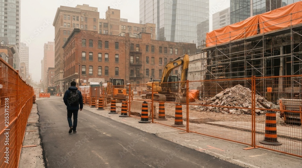 Fototapeta premium Man walks past urban construction site with heavy machinery and safety barriers