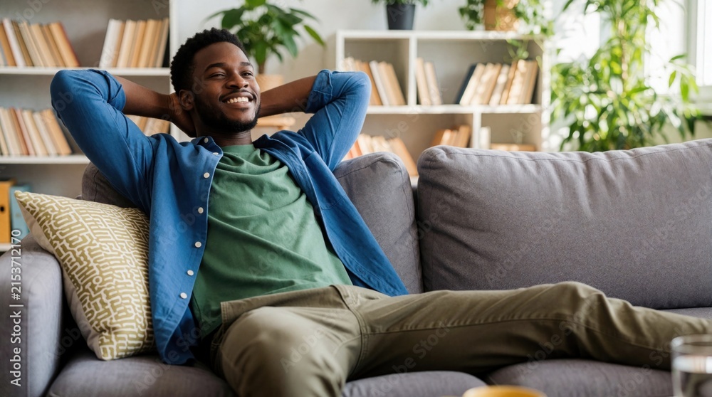 Fototapeta premium Smiling young African American man relaxes on grey sofa in bright modern living room. Enjoys leisure time at home with hands behind head. Peaceful indoor lifestyle scene featuring bookshelf, green