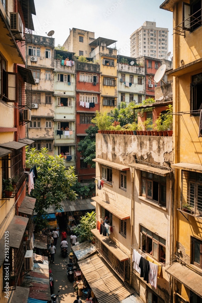 Fototapeta premium Busy city street with colorful apartment buildings. Laundry hangs from balconies, people walk below. Narrow alleyway lined with shops and motorbikes.