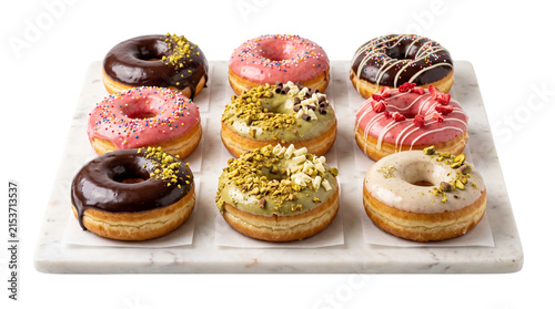 Fotografía Assorted gourmet donuts collection, nine colorful glazed doughnuts on marble tra