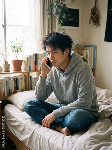 East Asian Man on Phone Call with Therapist in Bedroom