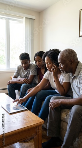 Multigenerational Black Family Gathered Around Tablet for Specialist Call