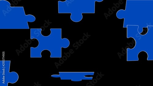 Blue jigsaw puzzle animation with the final piece in the center, teamwork and problem solving concept on alpha channel black background.