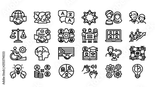 Diversity and inclusion line icons, 24 multicultural community and equality vector symbols, social justice and human rights set isolated on White Background