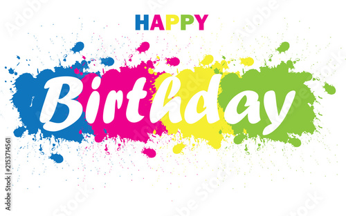 Colorful graffiti happy birthday greeting card with vibrant paint splatters.