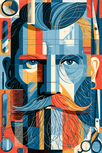 Colorful geometric illustration of a bearded man with a styled mustache surrounded by barber tools, combs and scissors