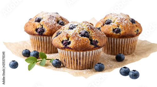Fotografie Fresh blueberry muffins on parchment paper, golden brown berry cupcakes with sug