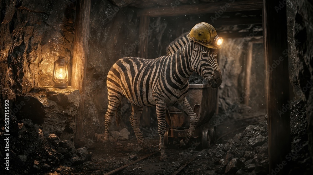 Naklejka premium Zebra wearing a hard hat and headlamp works in a dark coal mine