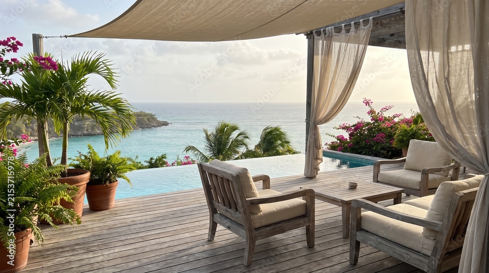 Fototapeta premium Luxury Tropical Villa Deck with Infinity Pool Overlooking Ocean