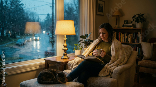 Woman relaxing on armchair with cat and blanket by rainy window, cozy evening reading at home with warm lamp light indoor