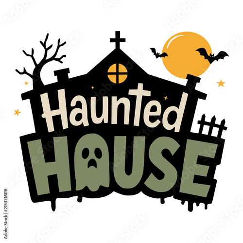 Haunted house typography text with spooky mansion silhouette photo image for halloween seasonal party decoration trick or treat autumn holiday design element clipart isolated