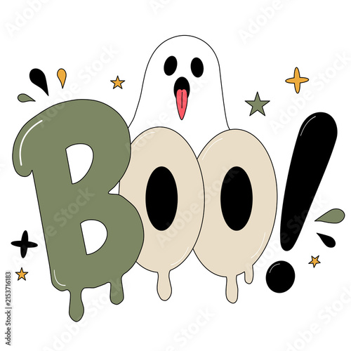Boo lettering text with cute ghost character illustration photo image for halloween autumn seasonal party decoration trick or treat sticker design element clipart isolated