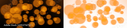 Abstract golden bokeh lights background, glowing circles, festive holiday backdrop, blurred yellow particles on black and white background, design element.