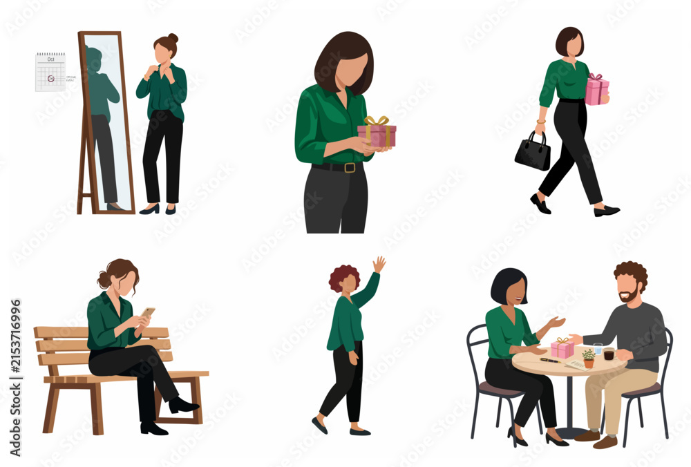 Obraz premium Lifestyle flat vector illustration set of a woman in daily activities including getting ready, holding a gift, walking, using phone, waving, and meeting a friend at a cafe.