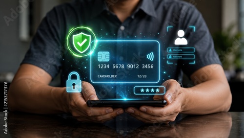 Person holding smartphone utilizing secure digital banking interface with glowing credit card transaction