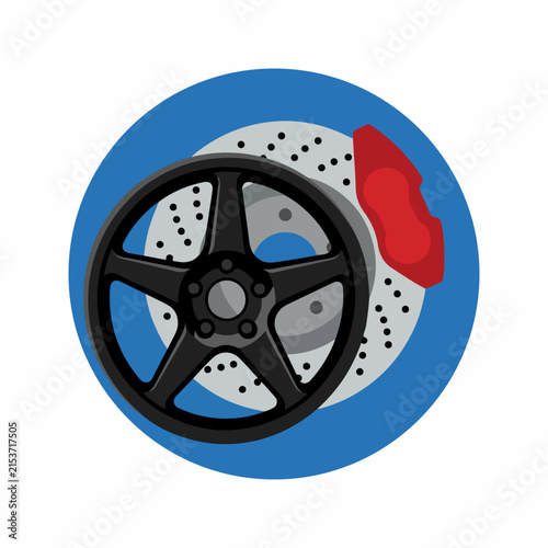 Black Car Wheel with Red Brake Caliper.
